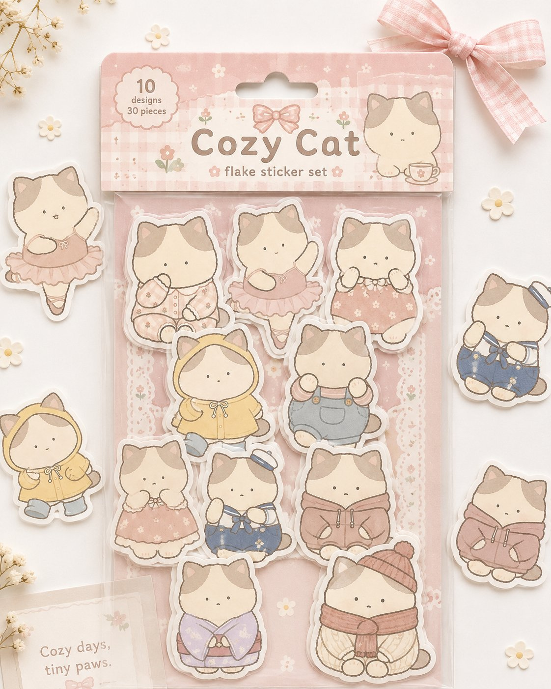 やさしい色合いの猫キャラクターをパッケージ化したフレークシールの作例