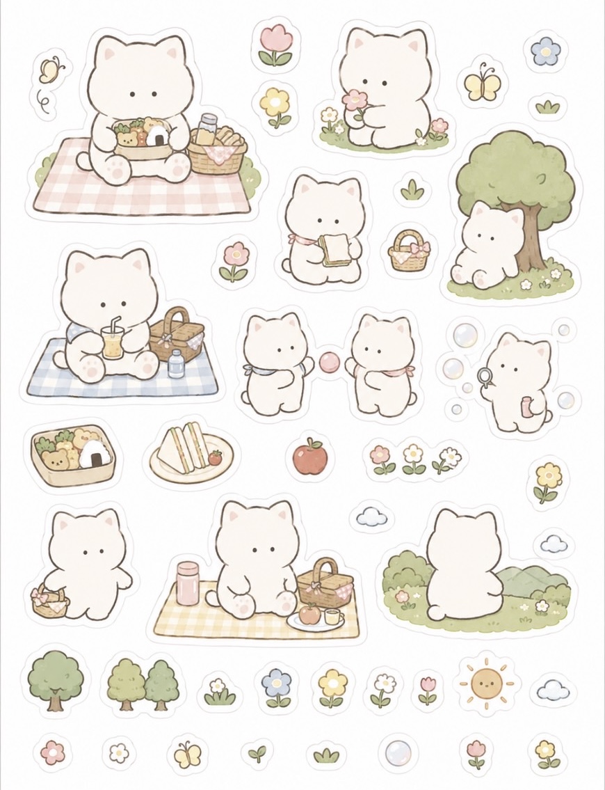 ピクニックを楽しむ白い猫のイラストを並べたシールシート作例